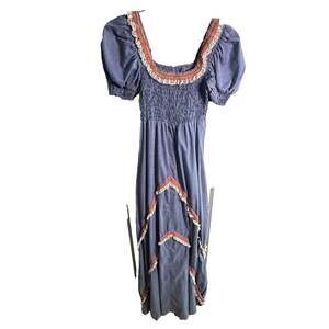 Vintage 1970s Gunne Sax Style Smocked Prairie Maxi Dress Rainbow Embroidery Lace